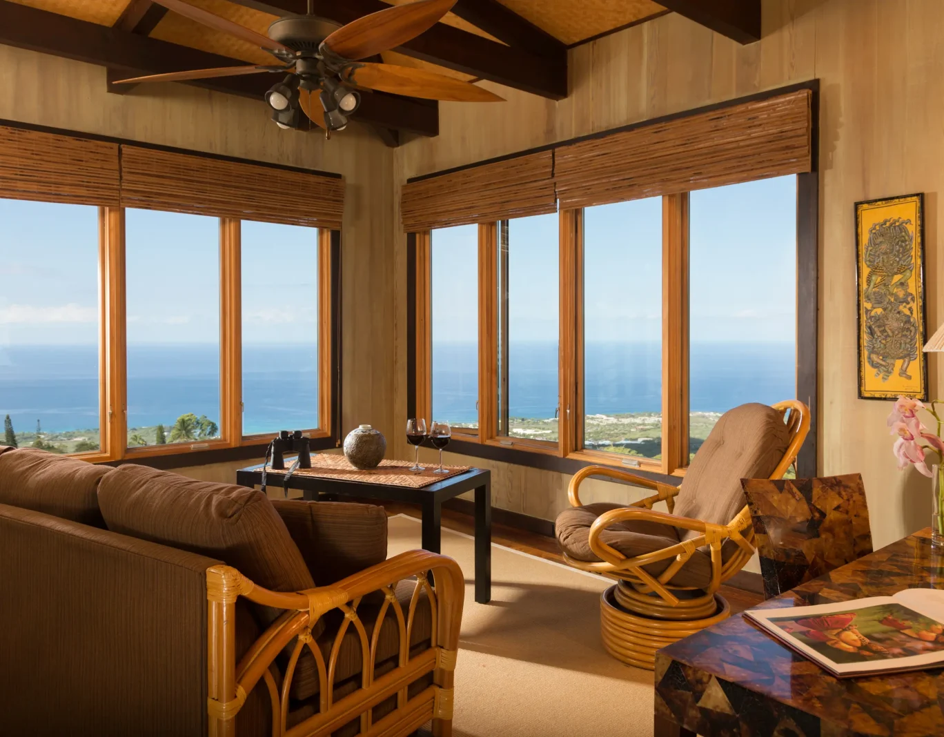 Living room with panoramic ocean views from boutique bed and breakfast on the Kona Coast