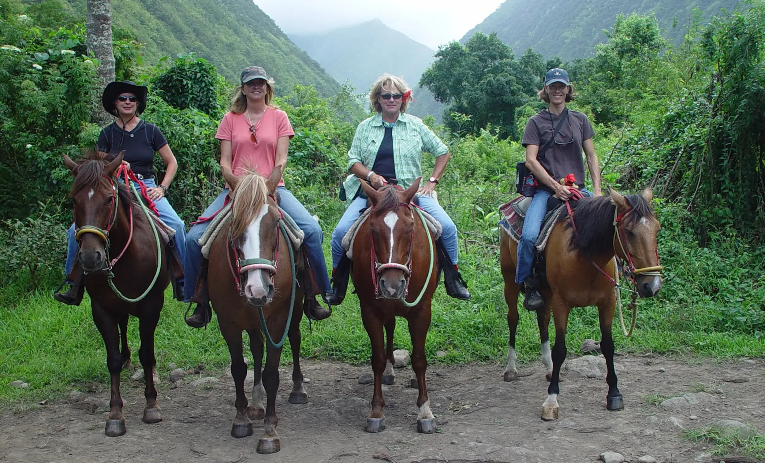 Guests on horses for a trail ride through lush Big Island valley