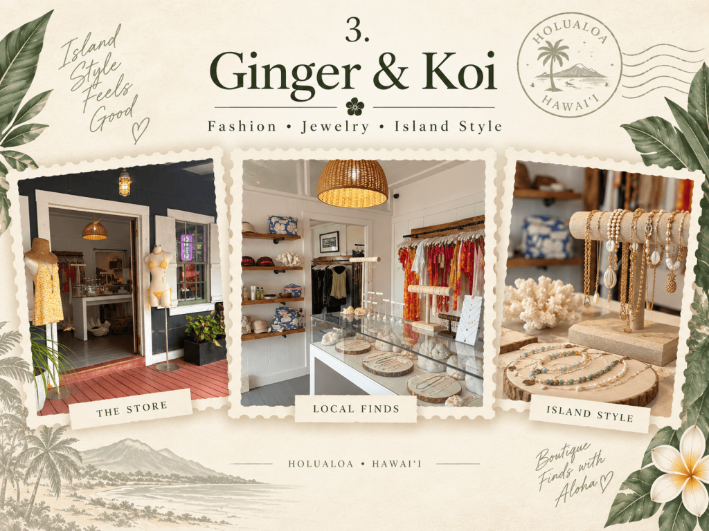 Ginger & Koi collage featuring island-style fashion, jewelry, accessories, and local finds in Holualoa Village
