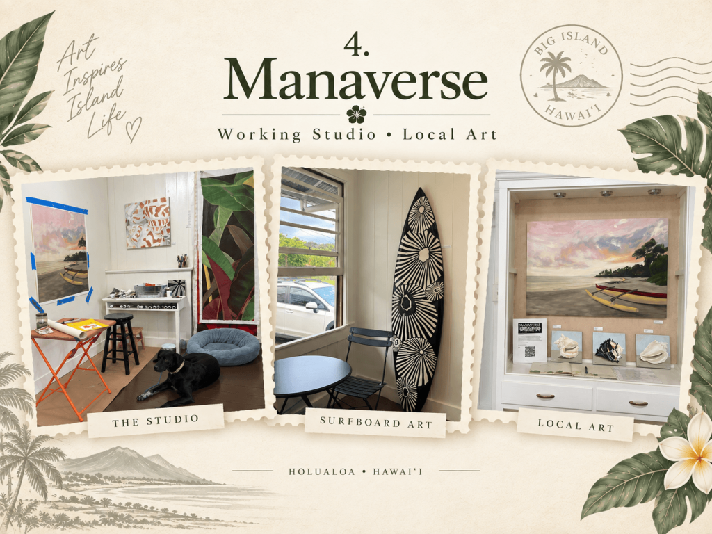 Manaverse collage displaying colorful artwork and creative pieces in one of the Holualoa art galleries