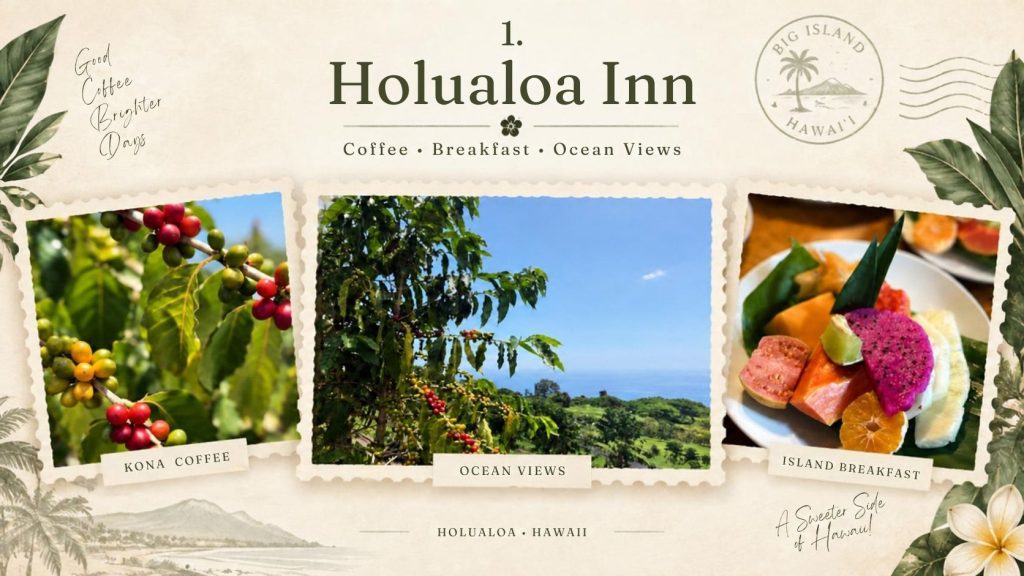 Postcard from Holualoa Inn featuring Kona coffee, breakfast, and ocean views