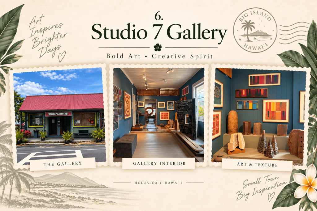 Studio 7 Gallery collage showcasing contemporary artwork, textured pieces, and displays at a Big Island art gallery